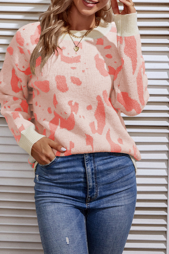 Cow Print Long Sleeve Pullover Sweater