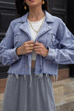 Blue Lapel Collar Raw Hem Button Open Denim Jackets