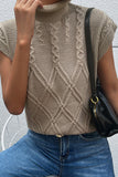 Brown Turtleneck Sleeveless Cable Knit Sweater