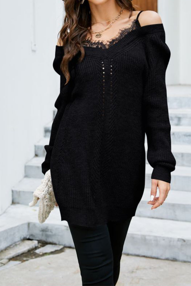 Lace Attached V Neck Long Pullover Sweaters