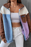 Color Block Zipper Patchwork Fluffy Coat