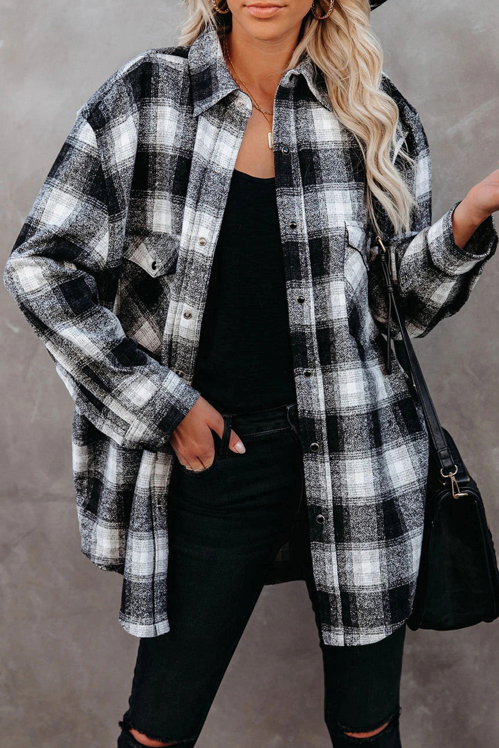Winter Outfits Black Buttons Pocketed Plaid Shacket