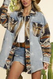 Distressed Aztec Stars Print Patchwork Denim Jacket Coat