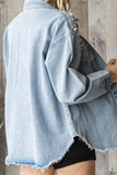 Rhinestone Pearl Open Front Button Pocket Raw Hem Denim Jackets