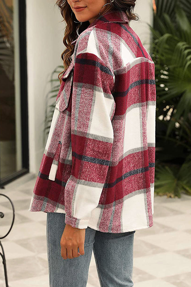 Plaid Button Down Pocketed Shacket Jackets Women