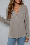 Plain V Neck Waffle Knit Pocketed Long Sleeves Top