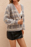 Grey Pink Plaid Hairy Open Knit Cardigans