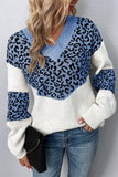Leopard Splicing V Neck Long Sleeve Knit Sweater