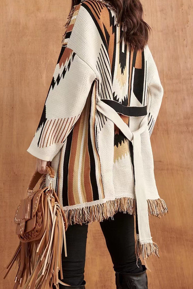 Winter Outfits Aztec Stripes Splicing Front Open Tassle Knitting Coat