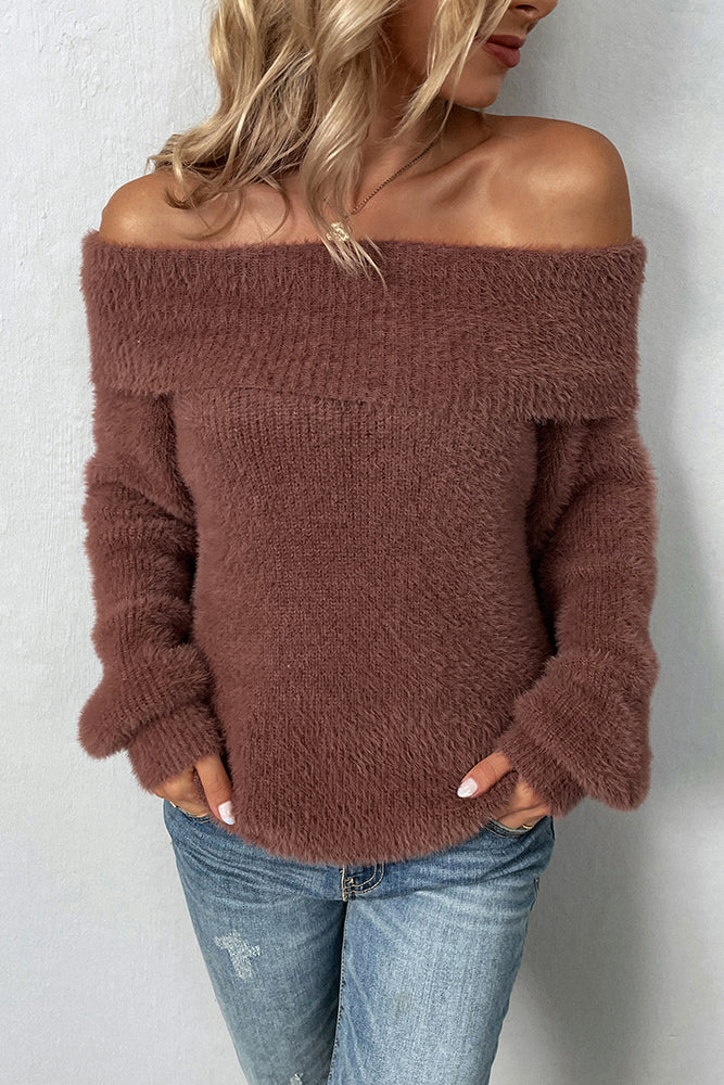 Plain Off Shoulder Hairy Knit Sweaters
