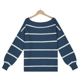 Off Shoulder Pin Striped Loose Pullover Sweaters