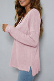 Plain V Neck Waffle Knit Pocketed Long Sleeves Top