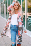 Brown Striped Cuffs Floral Print Long Cardigan