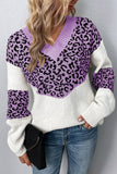 Leopard Splicing V Neck Long Sleeve Knit Sweater