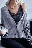 Leopard Sleeve Splicing Open Front V Neck Button Cardigan