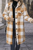 Brown Open Button Plaid Long Length Fleece Winter Outfits Coat