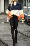 Colorblock Splicing Zipper Neck Fluffy Sweatshirt