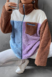 Color Block Zipper Patchwork Fluffy Coat