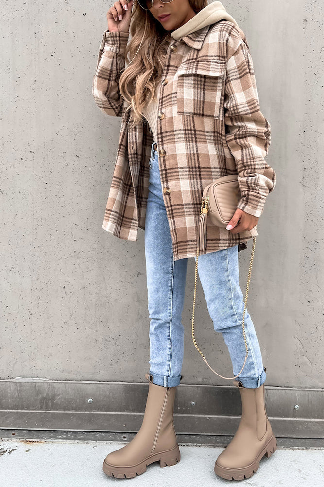 Winter Outfits Plaid Shacket Jacket Coat with Hood