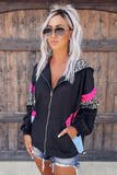 Black Leopard Color Block Pockets Zip-up Hooded Winter Outfits Jacket