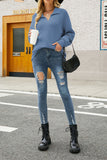 V Neck Turndown Collar Long Sleeve Sweater