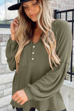 Green Buttoned V Neck Drop Shoulder Waffle Knit Top