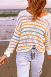 Orange Striped Winter Outfits Knitted V Neck Sweater