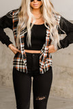 Black Plaid Buttons Long Sleeve Hooded Winter Outfits Jacket
