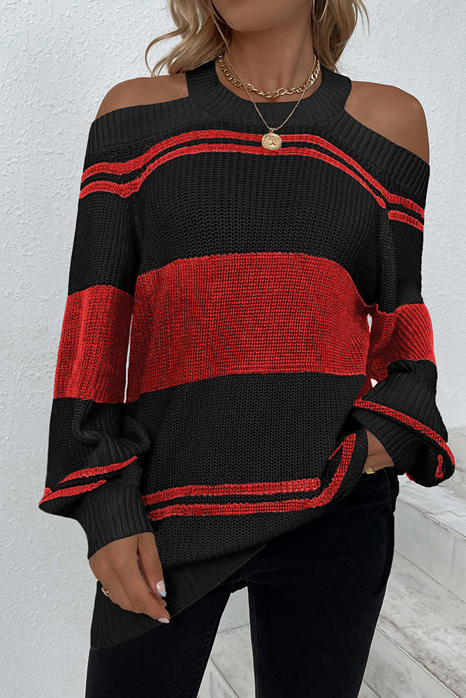 Halter Neck Cold Shoulder Colorblock Sweater