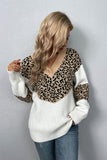 Leopard Splicing V Neck Long Sleeve Knit Sweater