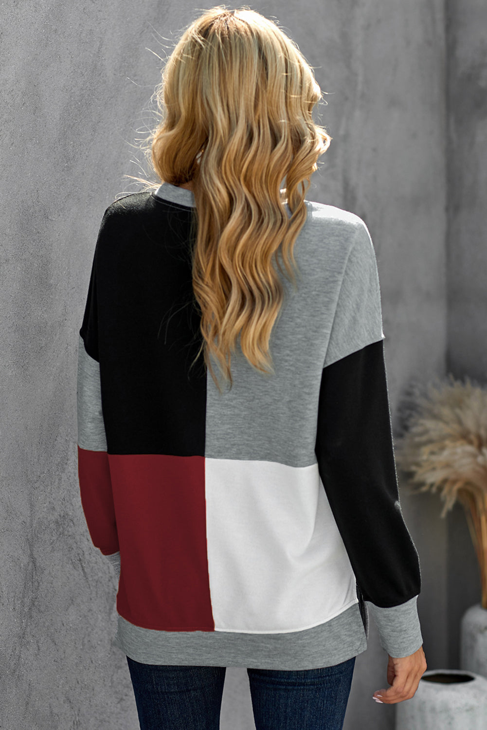 Red Color Block Round Neck Long Sleeves Pullover Sweatshirt