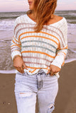 Orange Striped Winter Outfits Knitted V Neck Sweater