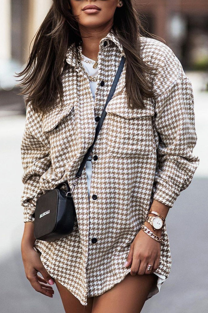 Tweed Houndstooth Single-breasted Shacket Coat with Pockets
