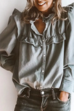 Ruffle Button Closure Denim Blouse Top Women