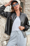 Black PU Letter Patchwork Snap Button Baseball Winter Outfits Jacket