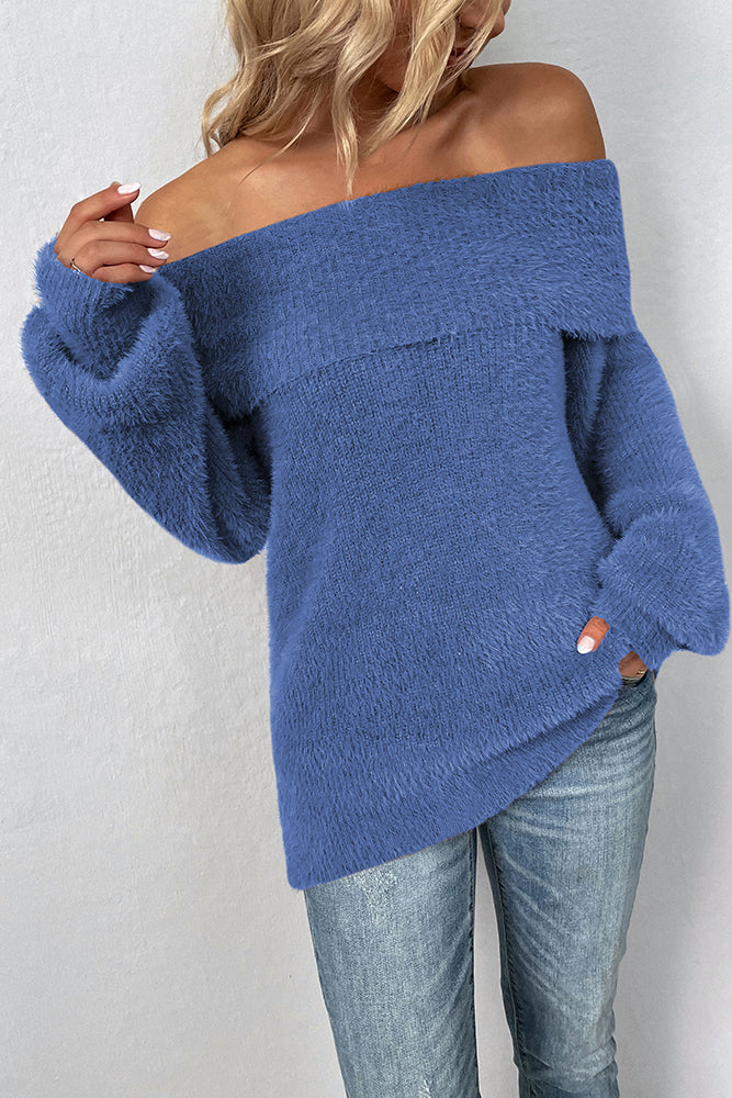 Plain Off Shoulder Hairy Knit Sweaters