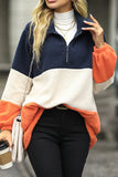Colorblock Splicing Zipper Neck Fluffy Sweatshirt