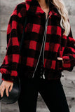 Red Plaid Print Sherpa Jacket Winter Outfits Coat
