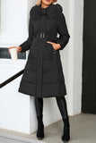 Plain Long Length Down Coat with Belt and Fur Hooded