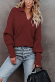V Neck Turndown Collar Long Sleeve Sweater