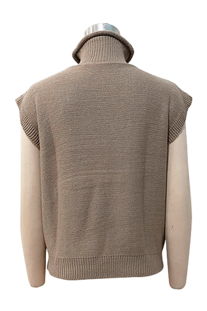 Brown Turtleneck Sleeveless Cable Knit Sweater