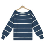 Off Shoulder Pin Striped Loose Pullover Sweaters