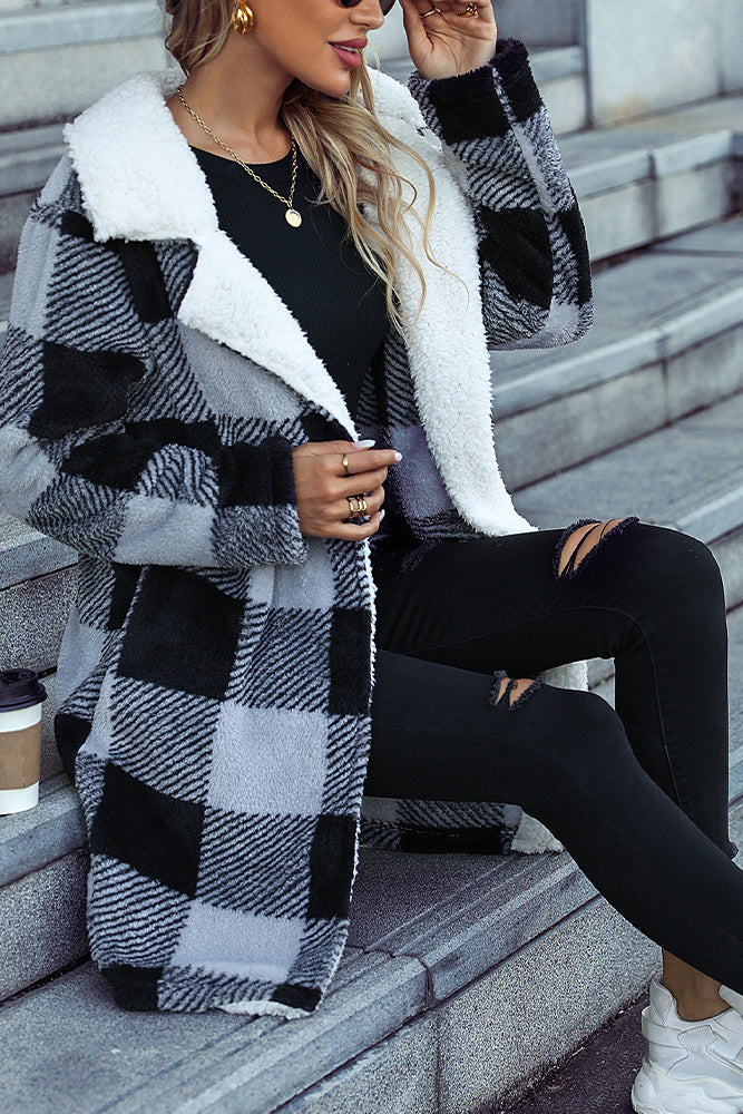 Lapel Plaid Fleece Winter Outfits Coat