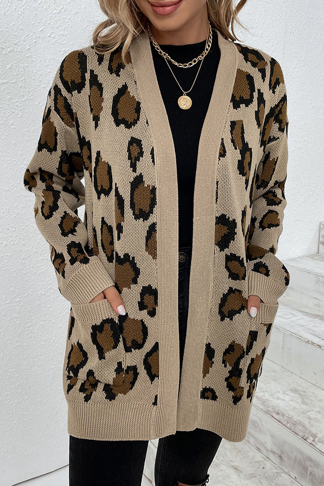 Winter Outfits Leopard Knit Pocketed Open Front Sweater Cardigans