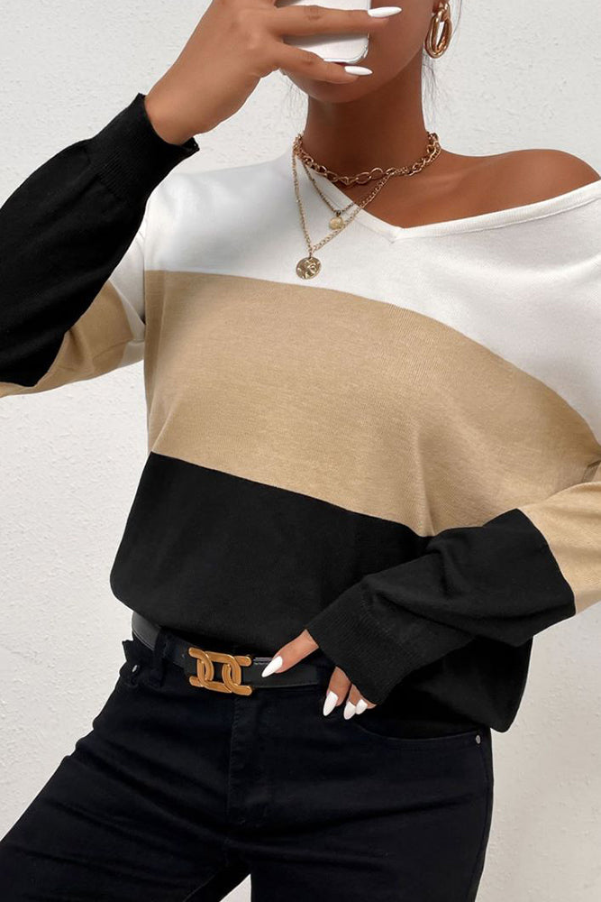 Khaki Color Block V Neck Pullover Sweaters