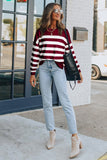 Red Striped Print Pocketed Long Sleeve Top with Slits