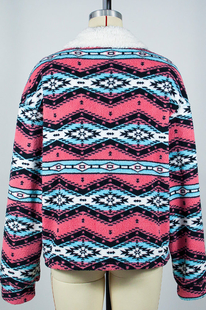 Open Zipper Aztec Print Fleece Winter Outfits Coat