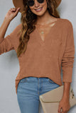 Plain V Neck Waffle Knit Pocketed Long Sleeves Top