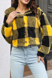 Open Button Fleece Plaid Crop Jackets