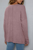 Plain V Neck Waffle Knit Pocketed Long Sleeves Top